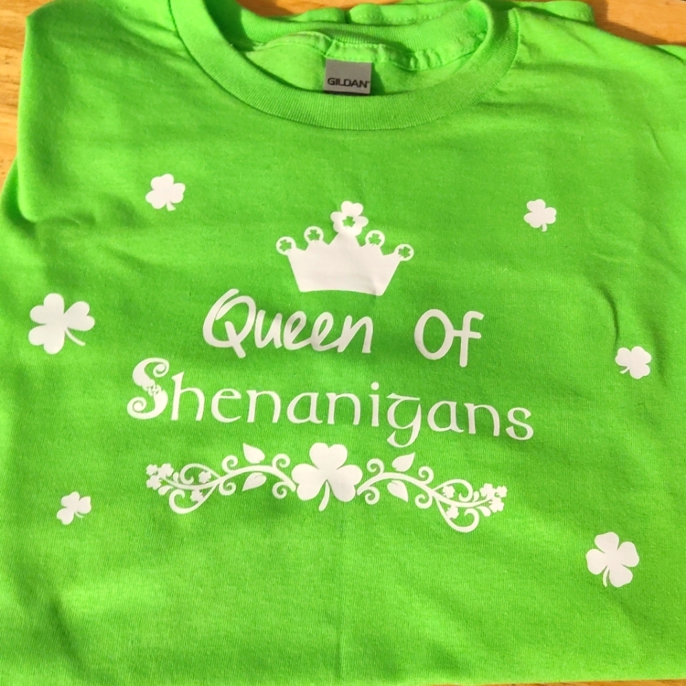 Queen Of Shenanigans Irish T Shirt With Crown & Shamrocks